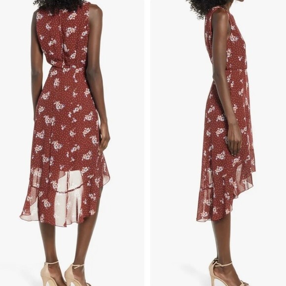 Love, Nickie Lew Women s High Low Floral Dress Size 7 Maroon Red Sleeveless M - Picture 2 of 8